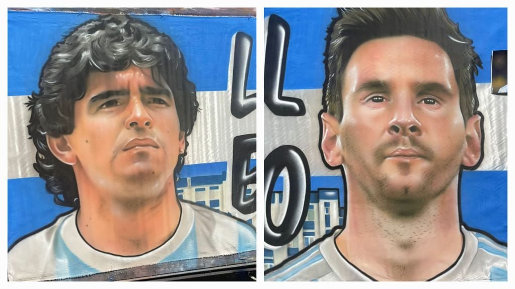 Los rostros de Maradona y Messi forman parte de la bandera. 