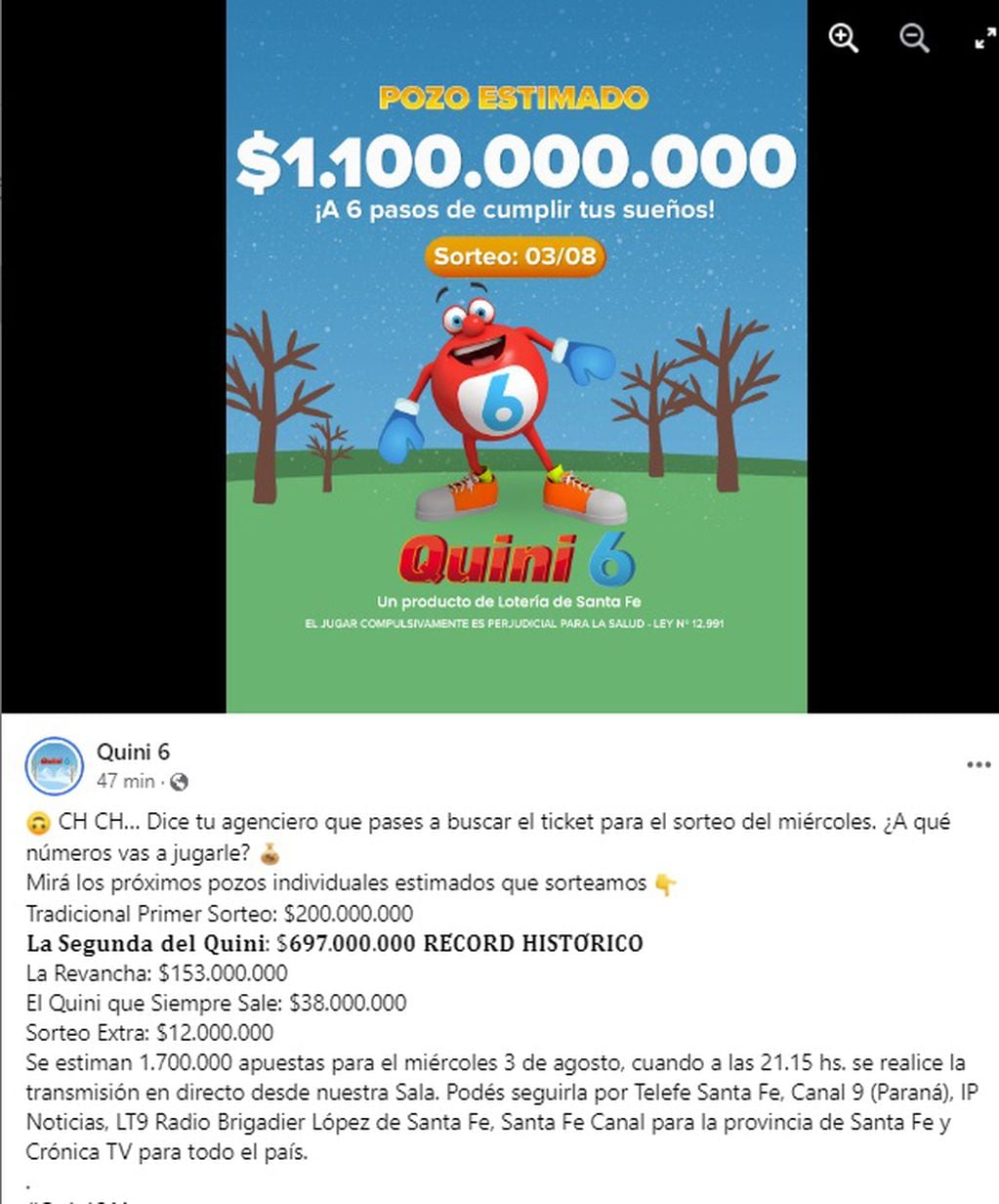 Cuándo es el próximo sorteo del Quini 6 por $1.100.000.000 (Lotería de Santa Fe / Facebook)