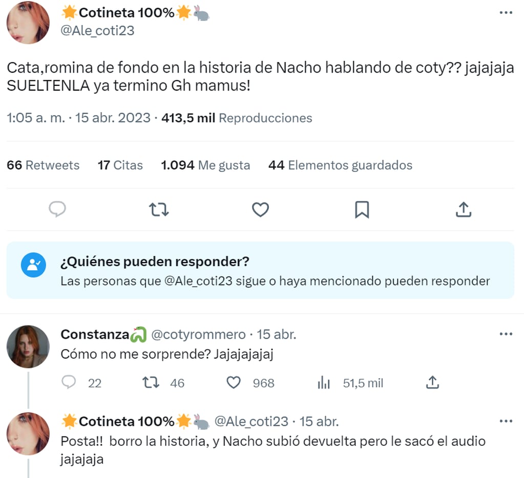 Coti Romero apuntó contra dos ex compañeras en Twitter. (Twitter Constanza Romero)
