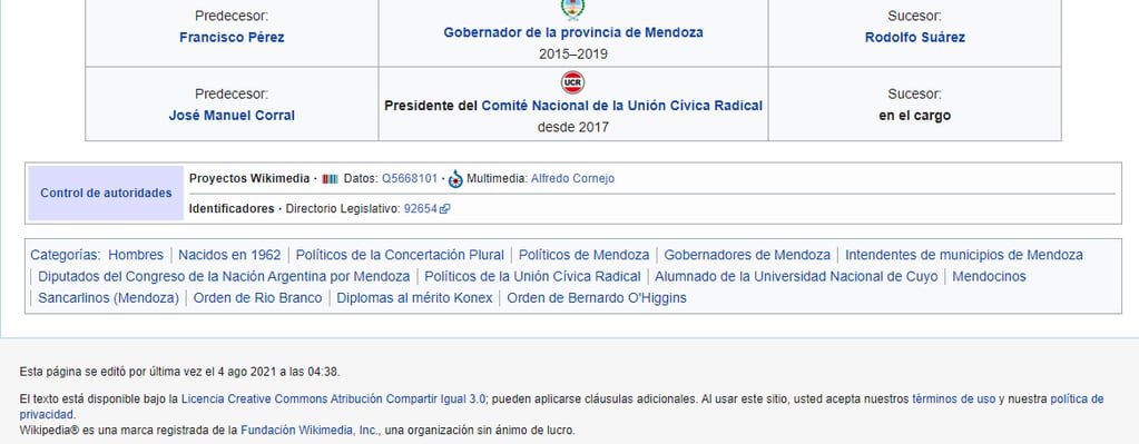 La última actualización del perfil de Cornejo en Wikipedia fue a las 4.38 de hoy