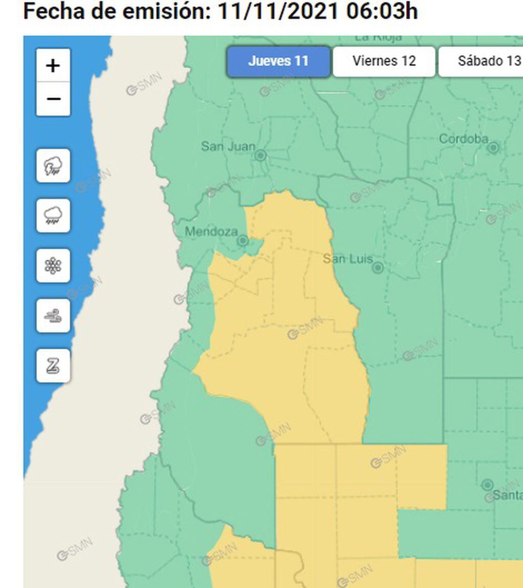 Sigue el alerta amarillo por tormentas en Mendoza (jueves 11) - SMN 
