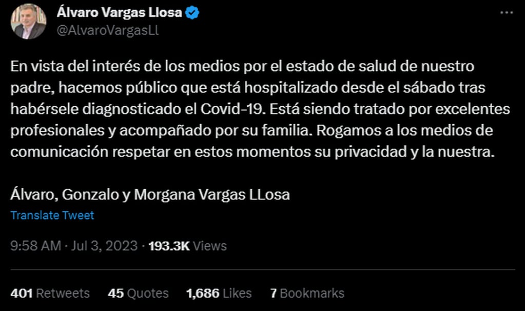 Comunicado de uno de los hijos de Mario Vargas Llosa. Foto: Twitter / @AlvaroVargasLlo