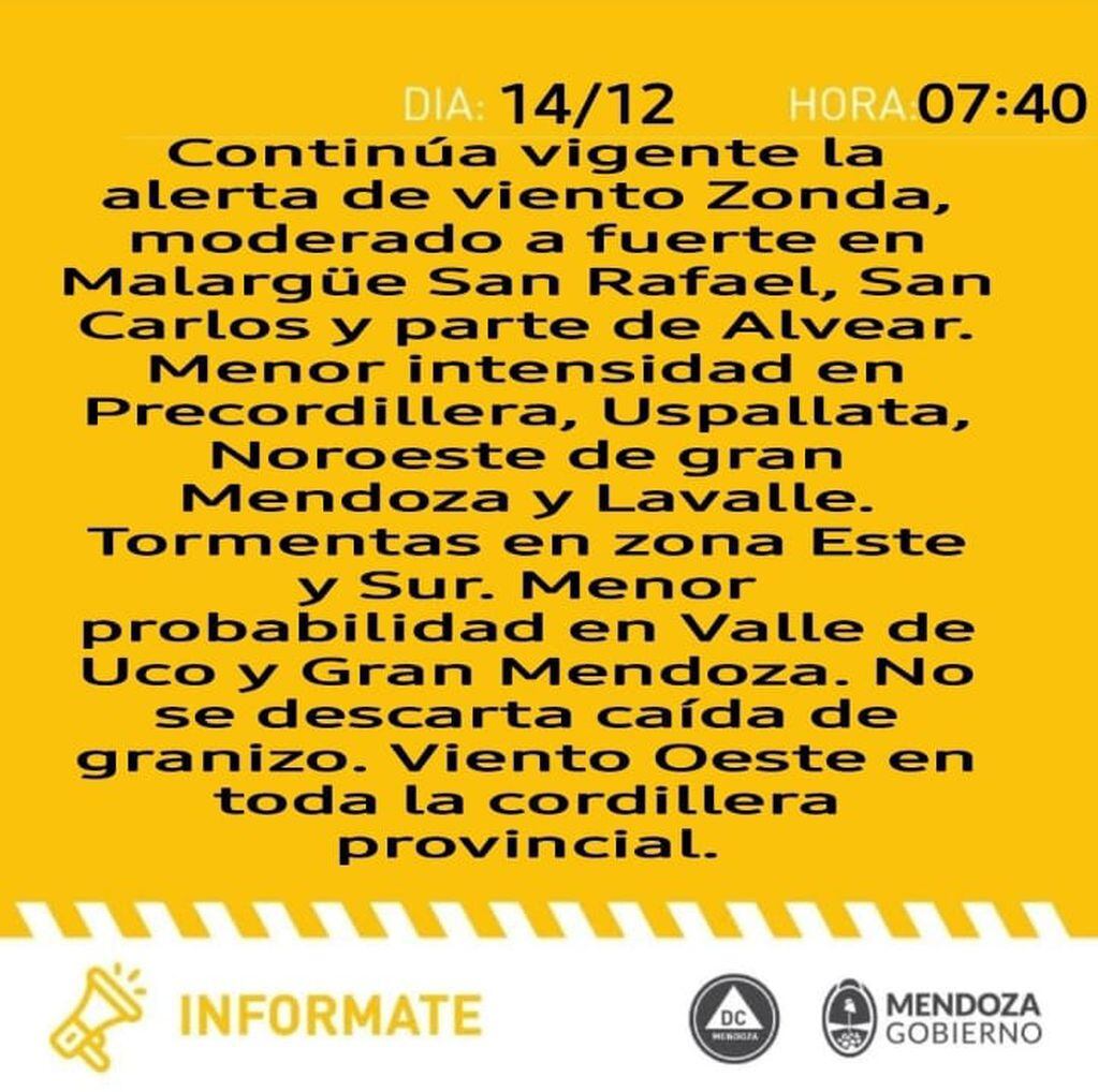 Alerta de Defensa Civil por Zonda y tormentas en Mendoza (Defensa Civil)