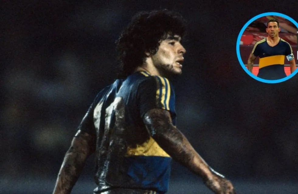 Diego Maradona la rompió toda en 1981 ante River. Esa misma camiseta exhibió Tevez ante el Inter, en Brasil. / TyC