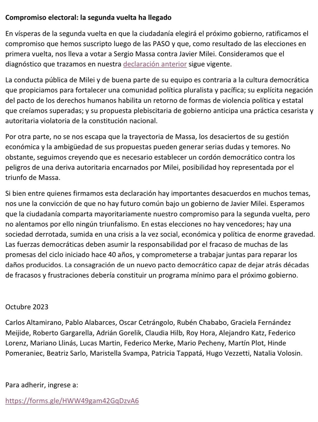 Comunicado firmado por intelectuales en apoyo a Sergio Massa para el balotaje que se realizará el 19 de noviembre. Foto: Natalia Volosin / Redes