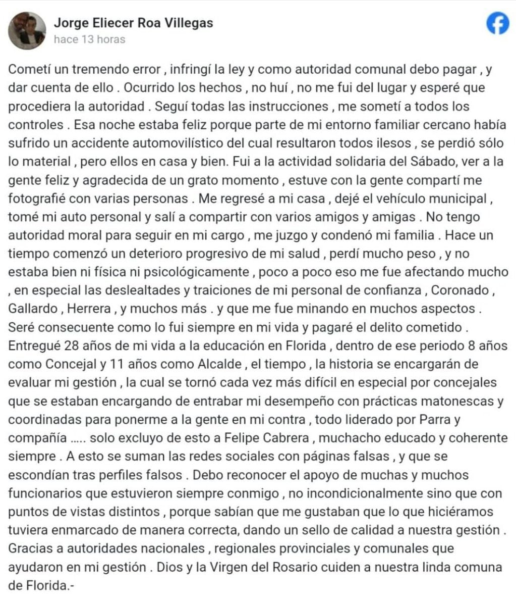 La carta de Jorge Roa, el alcalde chileno que se suicidó (Facebook)