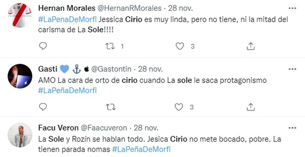 Comentarios por La Sole y Jésica Cirio en La Peña de Morfi - Twitter 