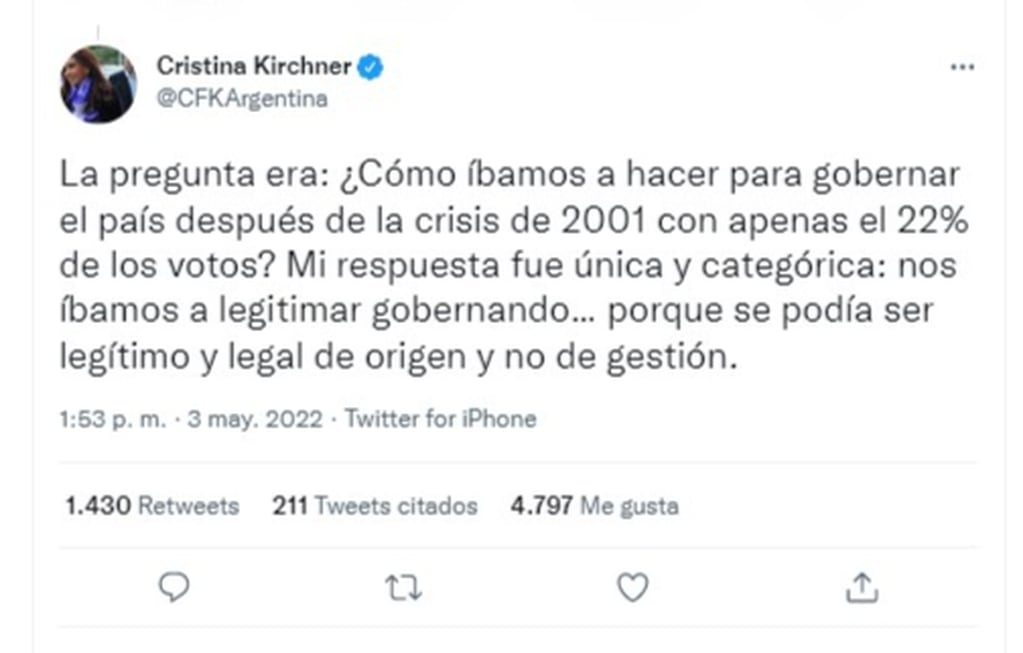 Cristina Kirchner cuestionó la 'legitimidad de la gestión', tras una dura publicación en Twitter.
