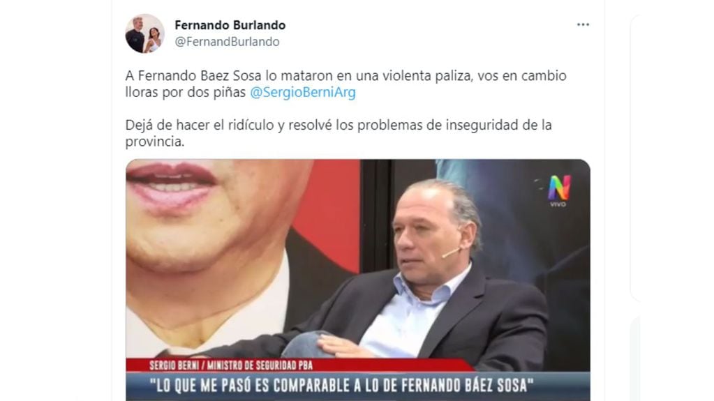 Fernando Burlando criticó en duros términos a Sergio Berni tras su polémica comparación con Báez Sosa: “Llorás por dos piñas”.