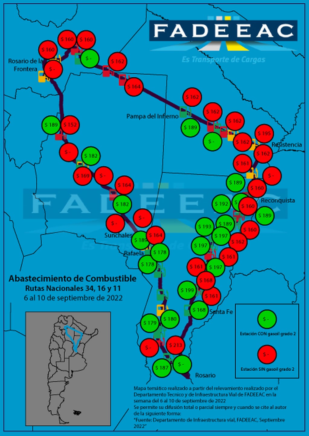 Fadeeac compartió un mapa de rutas donde hay los transportistas reportan problemas para conseguir gasoil.