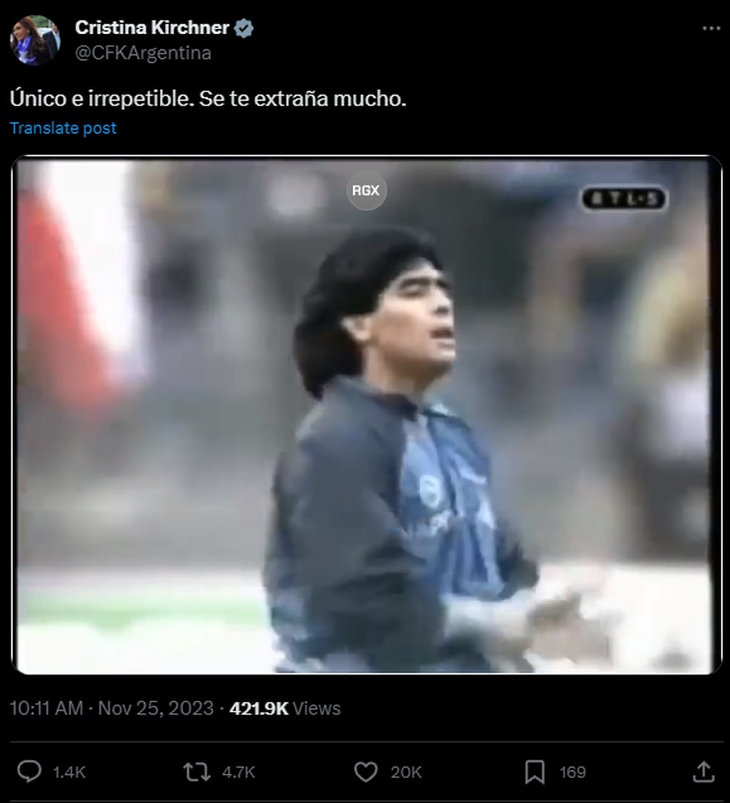 El posteo de Cristina Kirchner tras conmemorarse tres años de la partida de Maradona. Foto Captura: X / @CFKArgentina