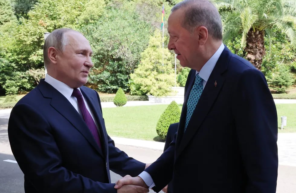 Vladimir Putin y Recep Erdogan, presidentes de Rusia y Turquía respectivamente, se saludan esta mañana al arribo del mandatario turco al balneario ruso de Sochi.