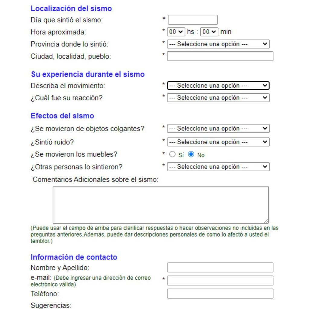 El formulario del Inpres en el que el usuario puede describir el sismo.