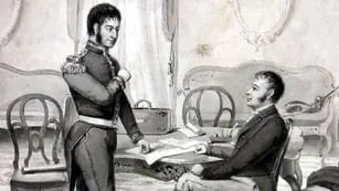  Entrevista de San Martín y Pueyrredón en Córdoba, en 1816. Óleo. 1926. Boceto en tinta china de M. Rosso. MHN.