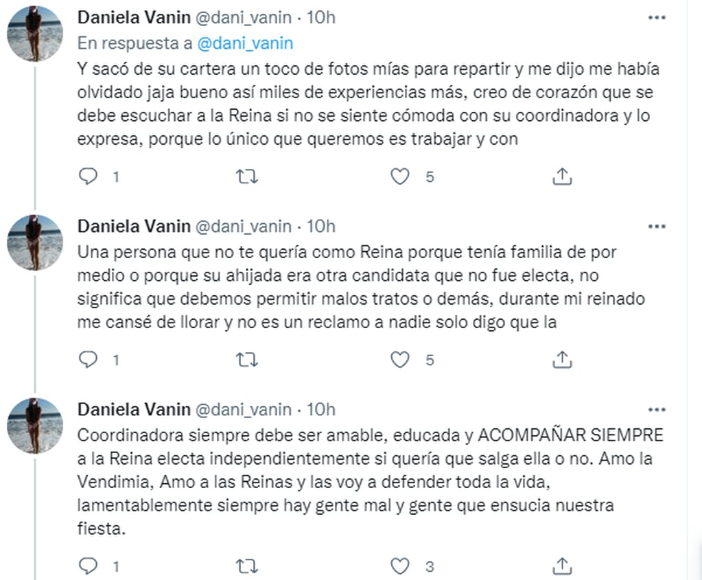 Daniela Vanin se volcó a su cuenta de Twitter para hablar sobre su mala experiencia con una coordinadora.