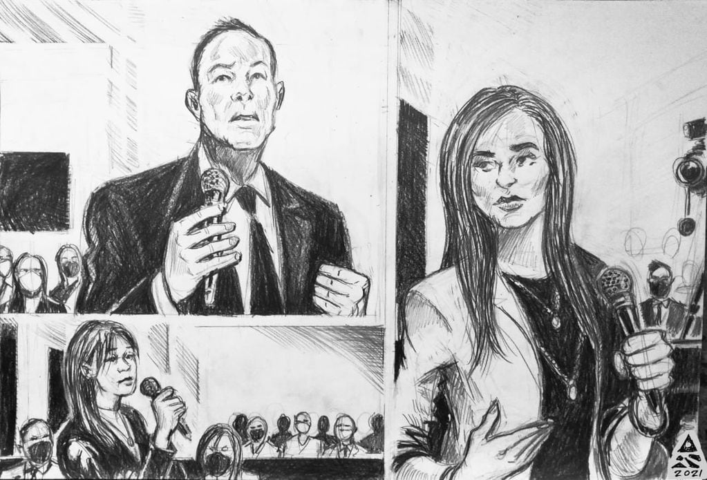 El artista Damián Pérez Santos tuvo a su cargo el court sketch del juicio contra Gil Pereg y así lo ilustró. Foto: Prensa Poder Judicial de Mendoza.