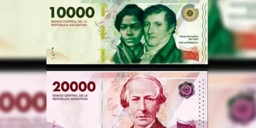 Diseño ilustrativo del nuevo billete de $10.000 con María Remedios del Valle y Manuel Belgrano y de $20.000 con Juan Bautista Alberdi