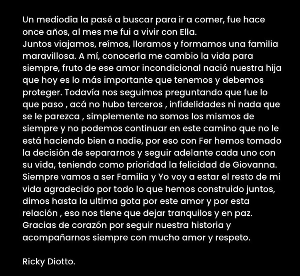 Las palabras de Ricky Diotto tras la separación de María Fernanda Callejón.