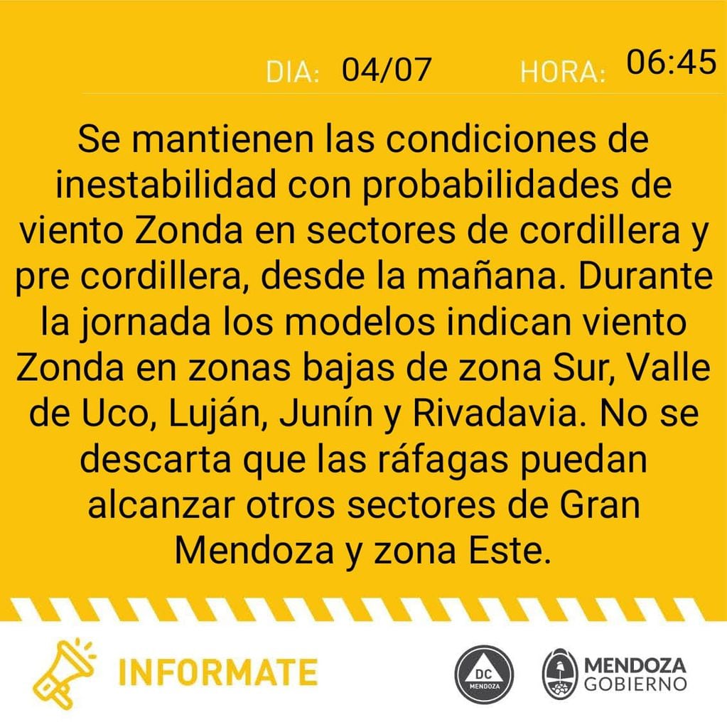 Alerta de Defensa Civil por viento Zonda en Mendoza