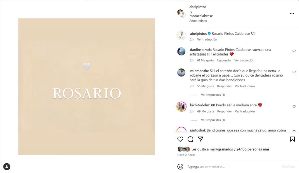 Rosario, el nombre que Abel Pintos y Mora Calabrese eligieron para su hija. Captura de pantalla.