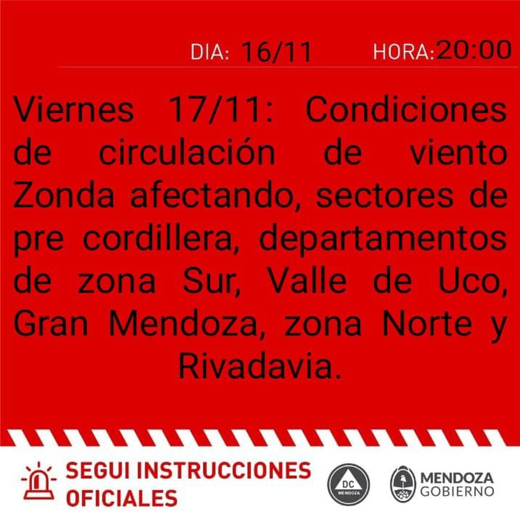 Alerta de Defensa Civil para este viernes 17/11/2023. Foto: Gobierno de Mendoza