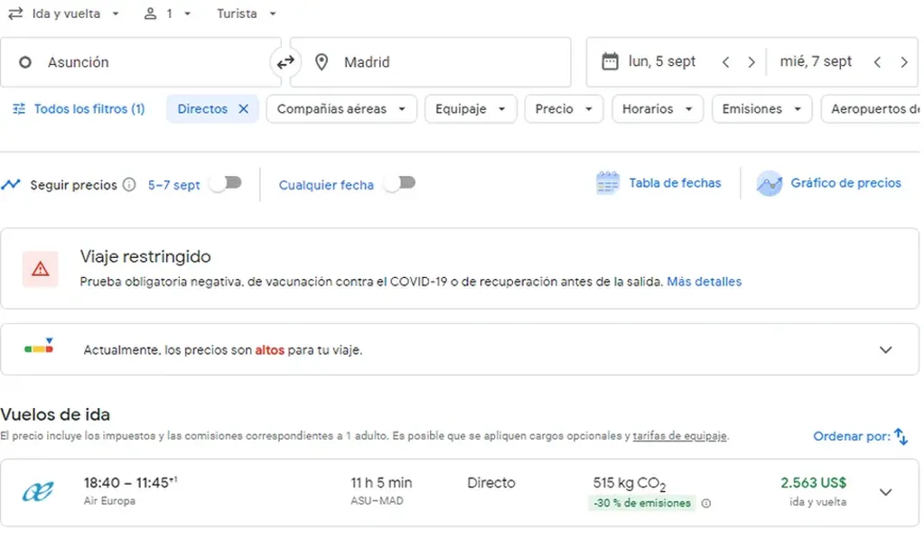 Los precios de vuelos de Asunción a Madrid. Foto: Captura Google Flight