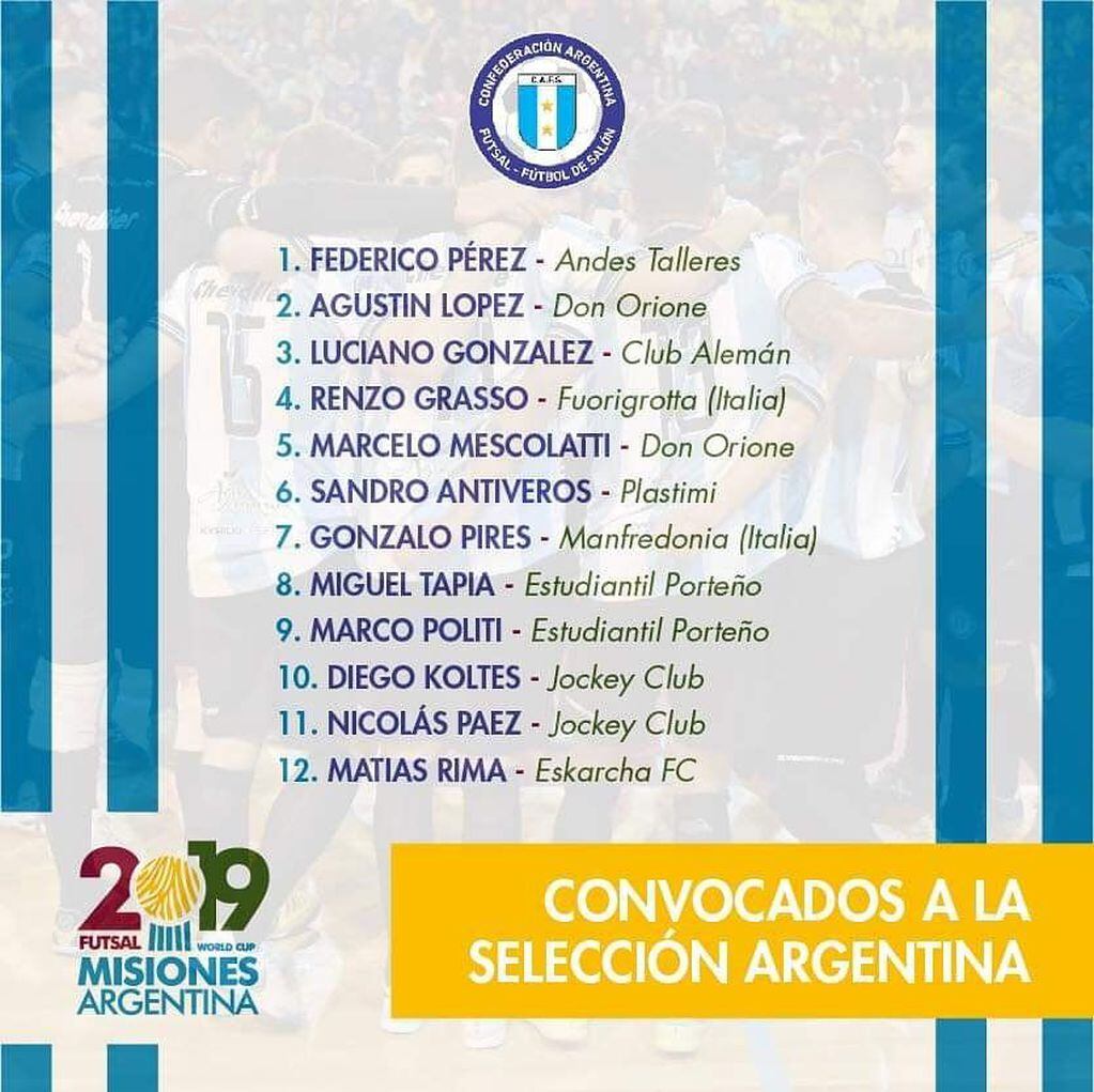 
    A través de sus redes sociales oficiales, la Confederación Argentina de FUTSAL, dio a conocer la lista de los jugadores convocados.
   