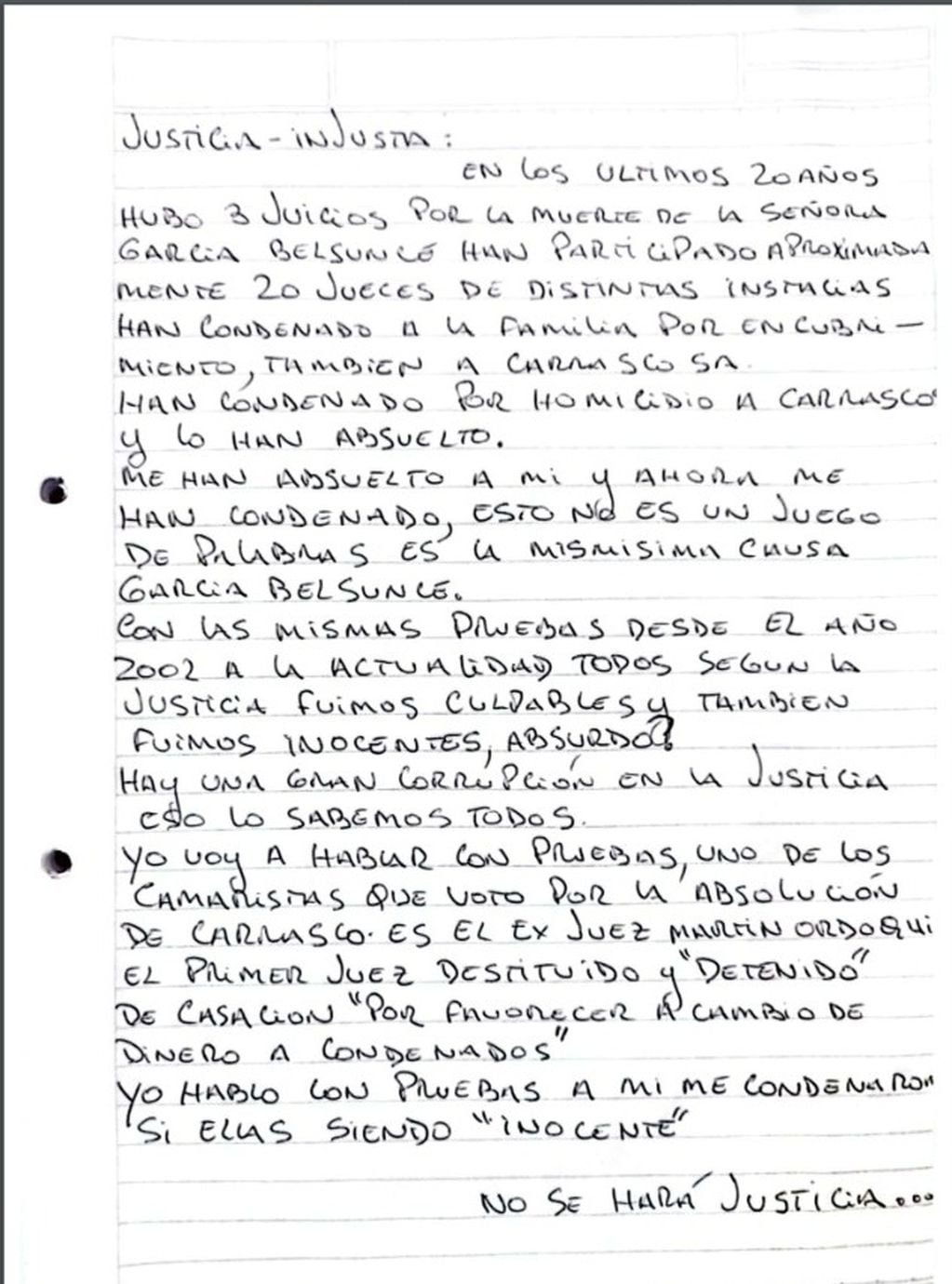 La segunda parte de la carta de Nicolás Pachelo dirigida a la "Justicia Injusta". (Foto: Twitter)