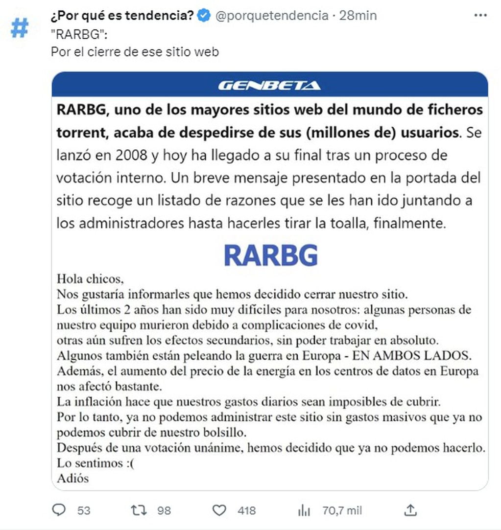 Cerró RARBG, el sitio de torrents / Twitter
