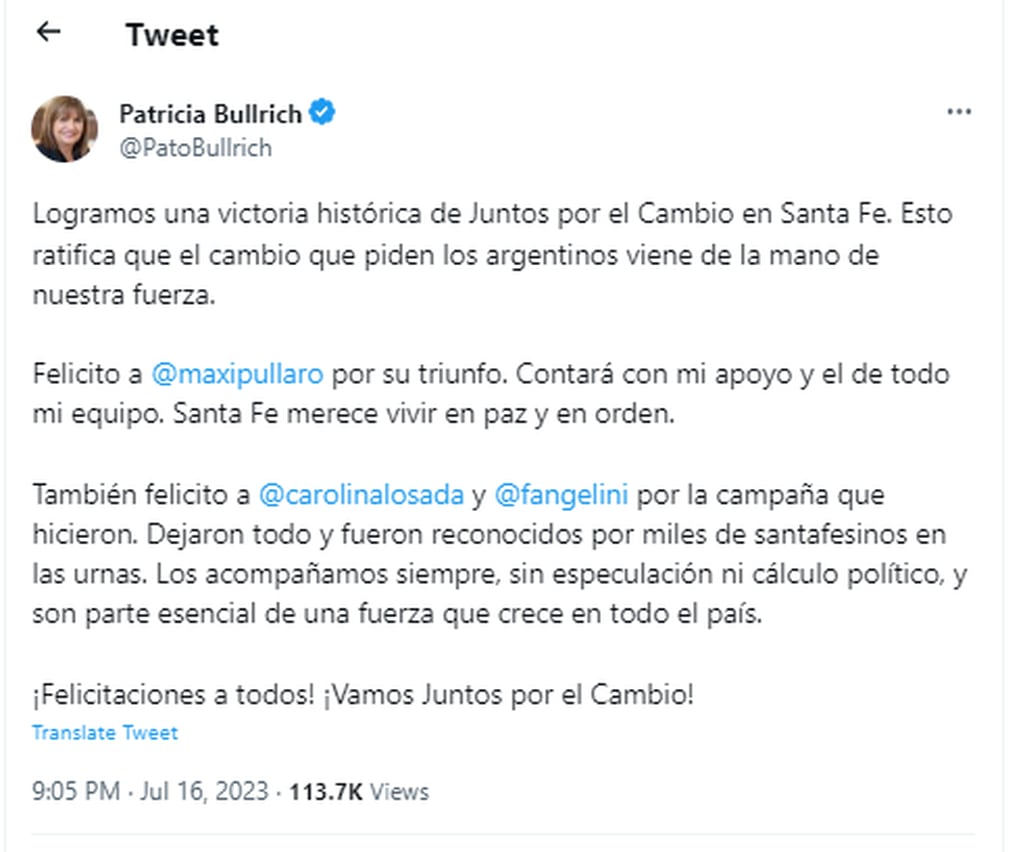 Patricia Bullrich reconoció la derrota de su candidata Carolina Losada y apoyó a Pullaro. Gentileza: Captura Twitter @PatoBullrich.