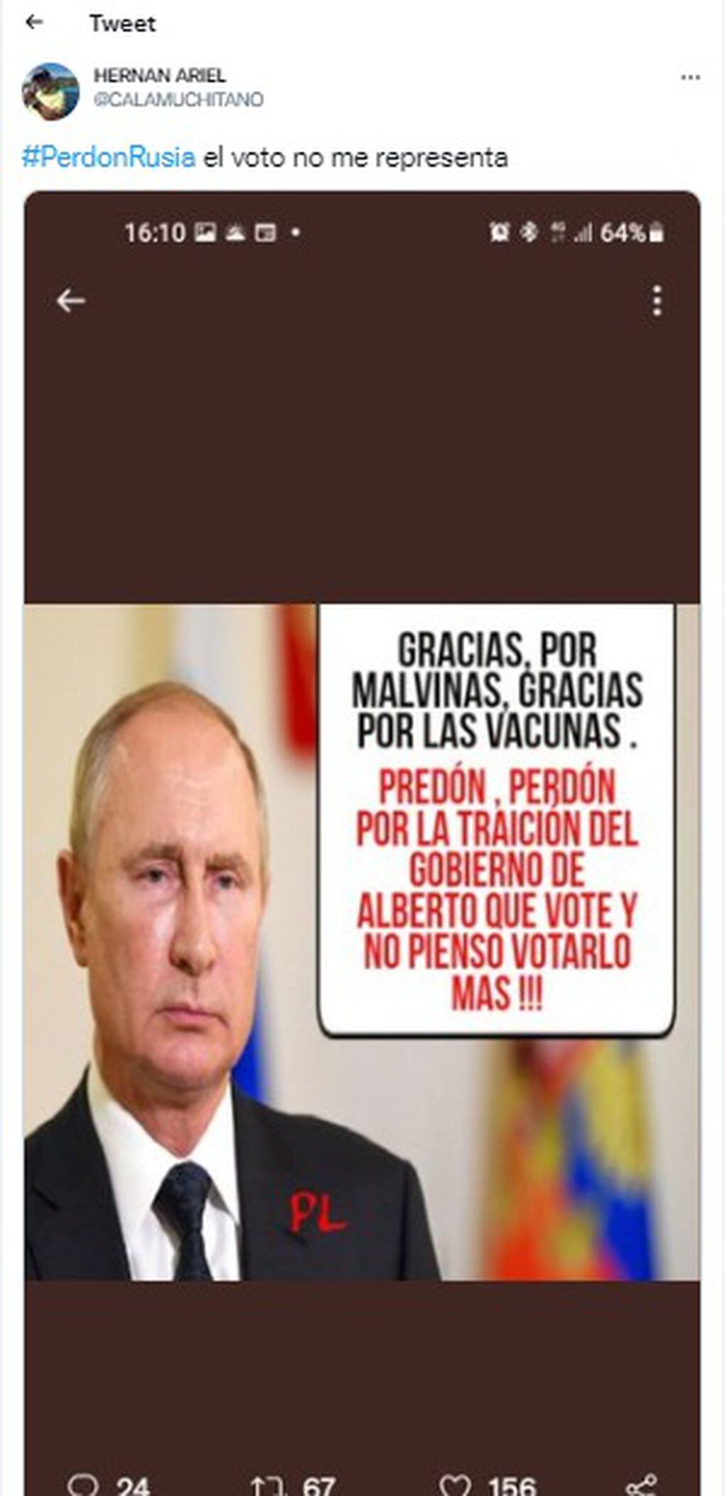 Usuarios agradecen a Rusia por las vacunas que nos vendieron en la pandemia y por habernos defendido en la Guerra de Malvinas y se suman a la tendencia "Perdón Rusia"