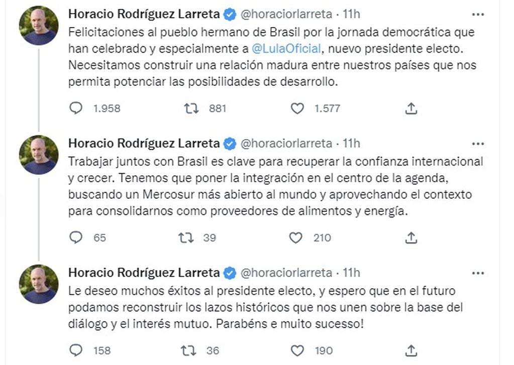 El hilo de Horacio Rodríguez Larreta dedicado a Lula da Silva (Twitter)