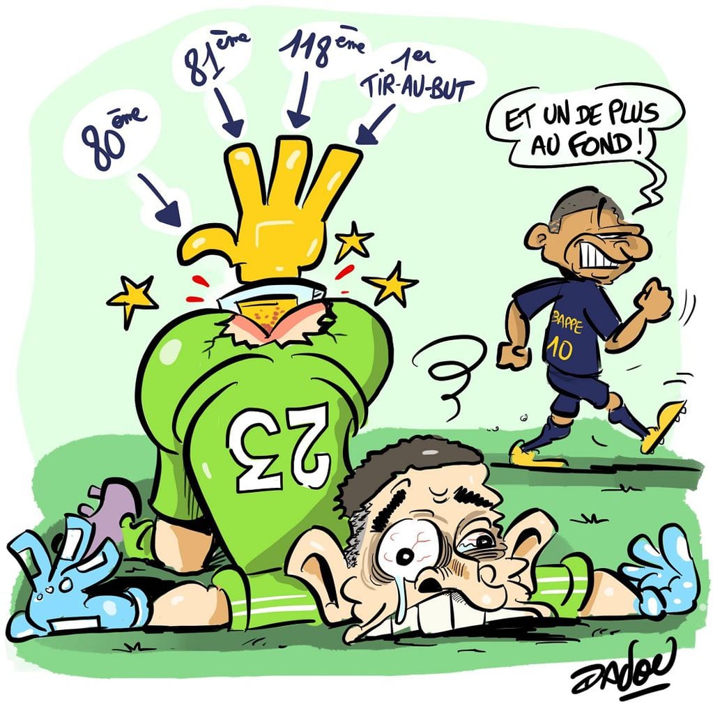 El dibujante francés Dadou desató polémica por su caricatura burlándose del "Dibu" Martínez, campeón del mundo con la Selección Argentina (Twitter @davidbuonomo)