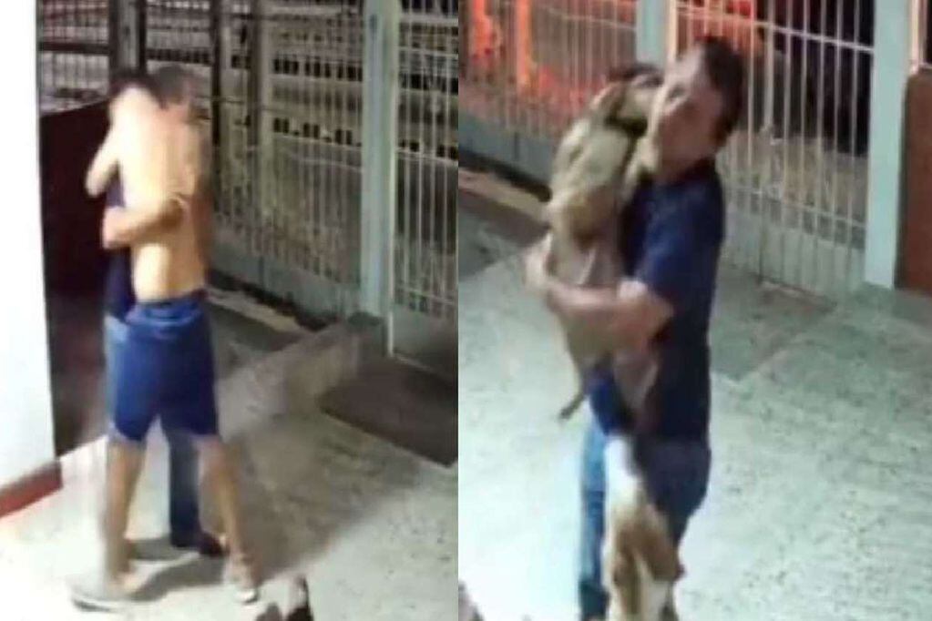 El perro abrazándose junto a su dueño. / Foto: Captura de video