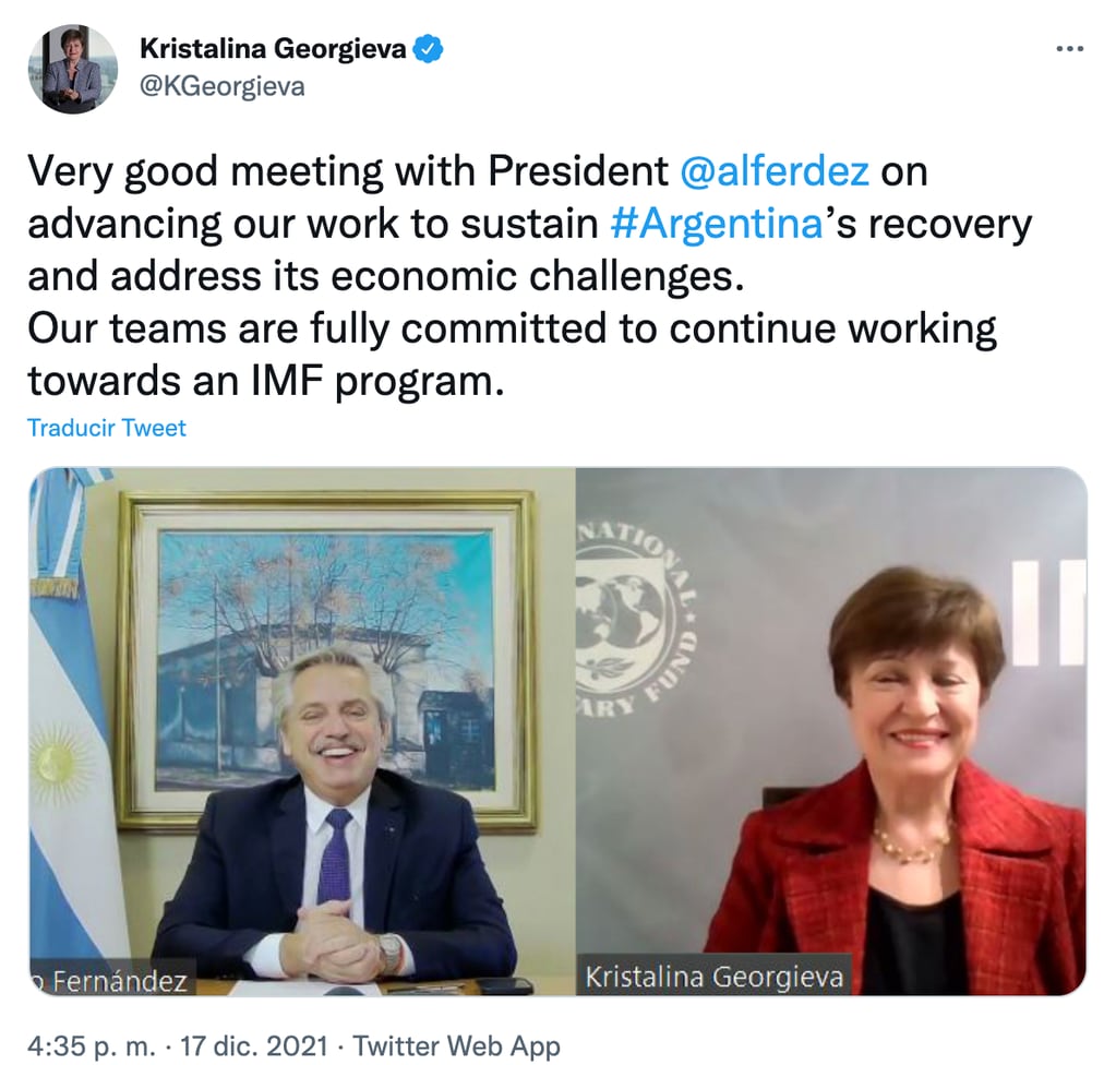 La titular del FMI, Kristalina Georgieva, aseguró que tuvo una buena reunión con el presidente Alberto Fernández y el ministro de Economía, Martín Guzmán