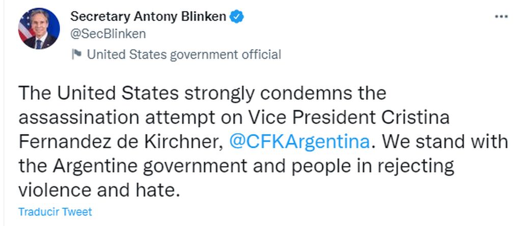 Antony Blinken, el secretario de Estados Unidos,  escribió en su cuenta de Twitter