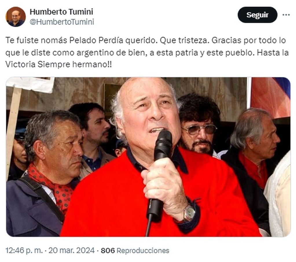 Humberto Tumini, presidente del Movimiento Libres del Sur, manifestó su tristeza por el fallecimiento de Roberto Perdía. Foto: Captura X, antes Twitter.