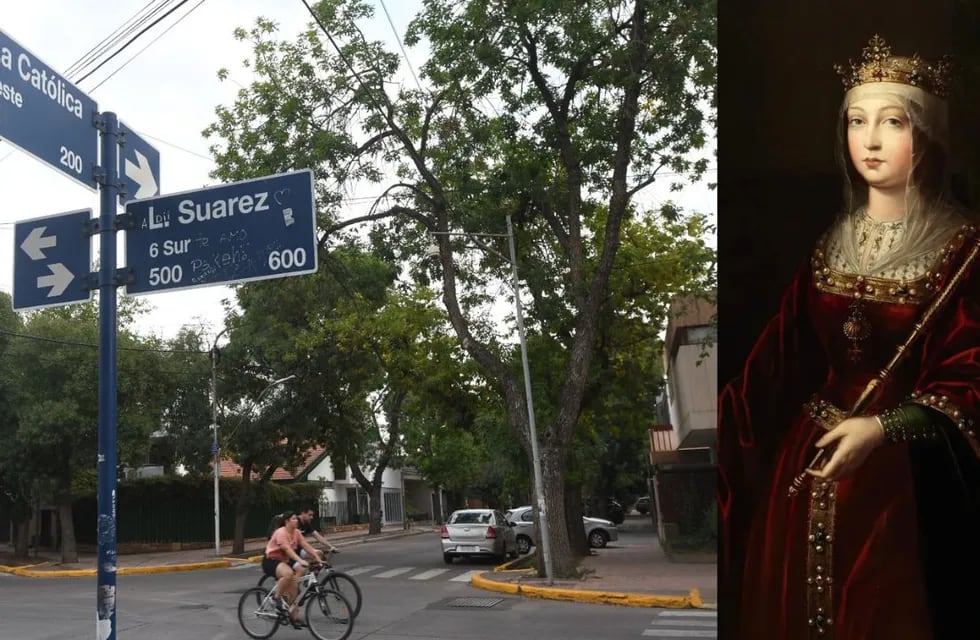 Esta calle de la Ciudad de Mendoza evoca a una de las mujeres más importantes de la historia universal: Isabel de Castilla, la reina católica. | Foto de José Gutiérrez y retrato de archivo.