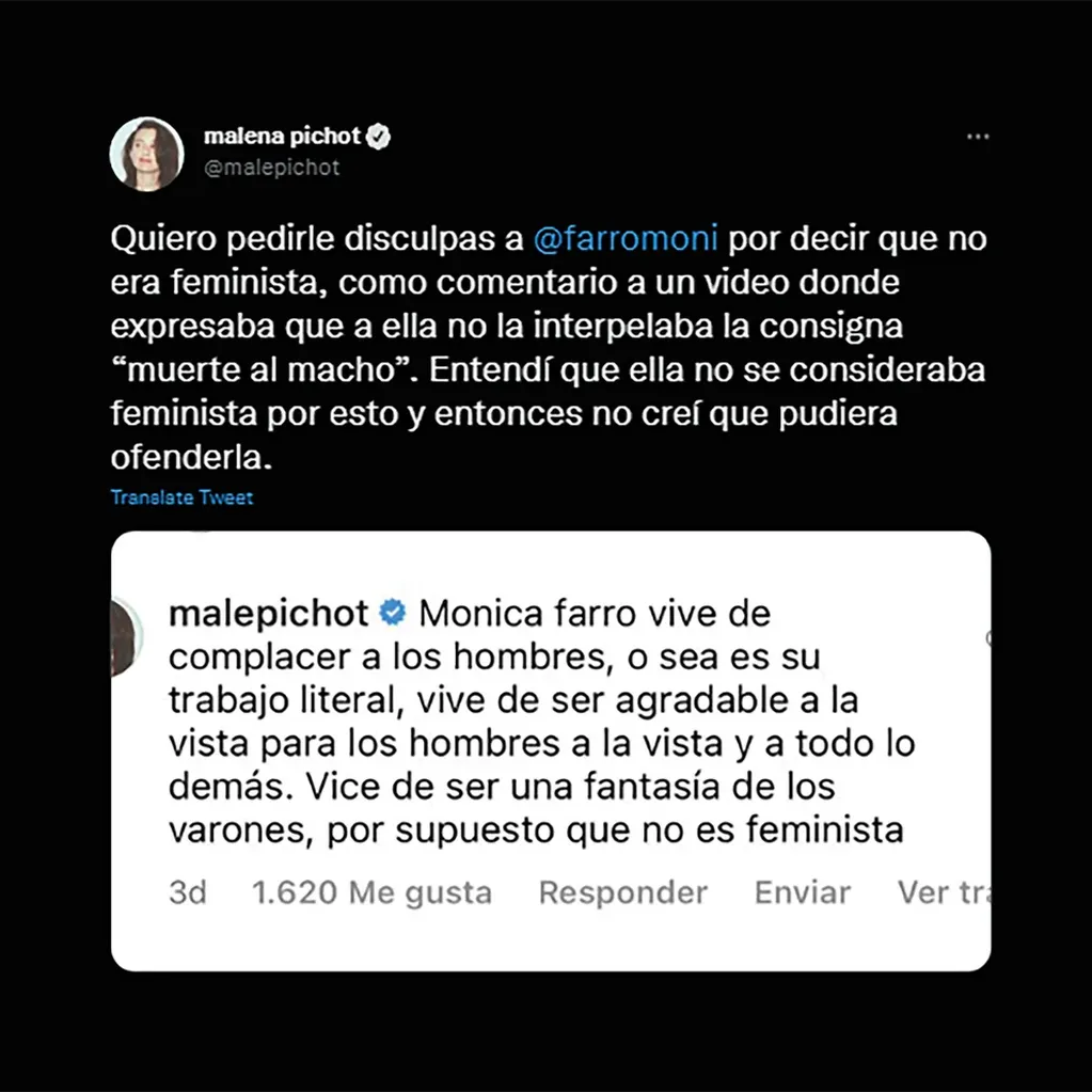 Los tweets de Malena Pichot para pedirle disculpas a Mónica Farro (Fotos: Twitter)
