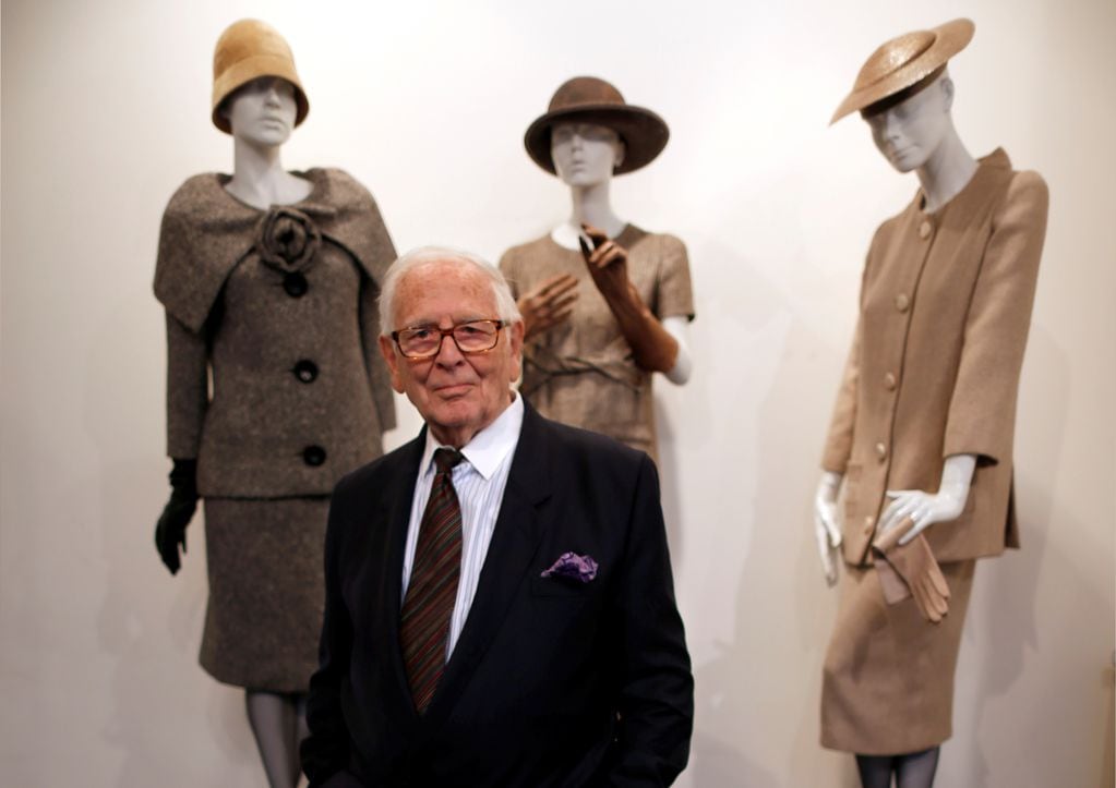 FILE PHOTO: French fashion designer Pierre Cardin poses in front of his 1954-1956-1957 fashion creations in his museum called "Past-Present-Future" in Paris November 12, 2014. REUTERS/Charles Platiau/File Photo