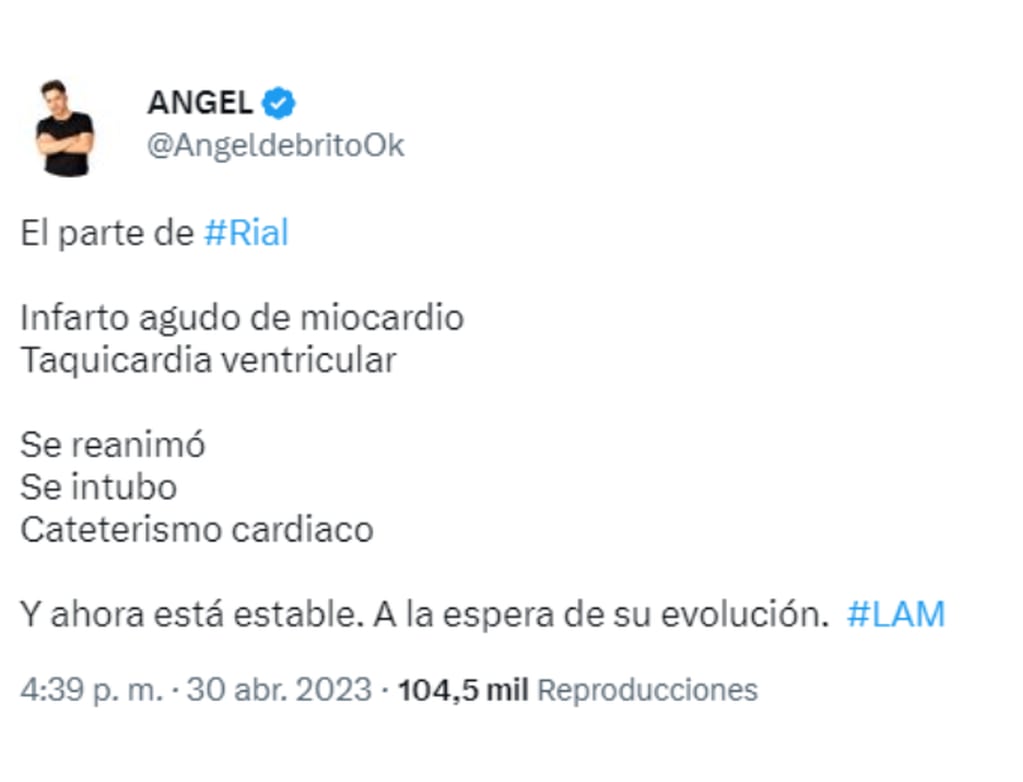 Tweet de Ángel de Brito sobre el parte médico de Jorge Rial. Foto: Captura
