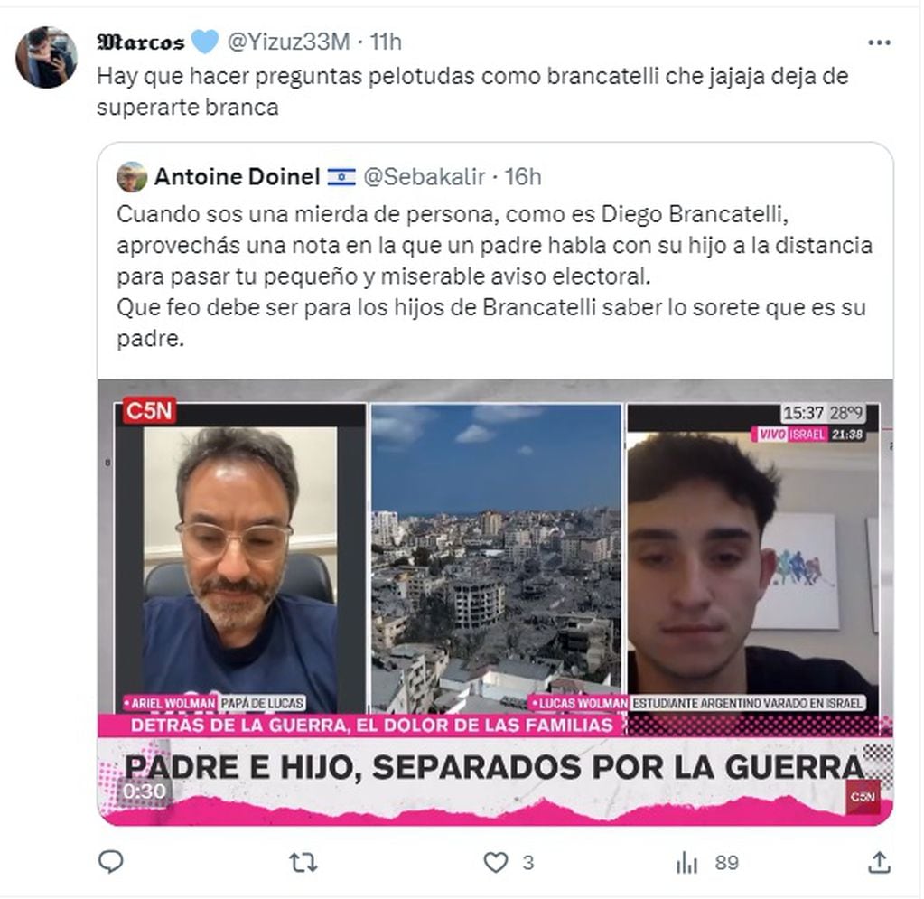 Diego Brancatelli quiso hacer campaña para Massa con los argentinos varados en Israel y lo ubicaron (X)