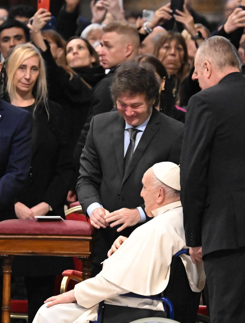 Vatican City (Vatican City State (holy See)), 11/02/2024.- Pope Francis (R) and Argentina's President Javier Milei (C) during a Holy Mass for Canonization of Maria Antonia of Saint Joseph de Paz y Figueroa in Saint Peter's Basilica, Vatican City, 11 February 2024. On the anniversary of the first apparition of the Blessed Virgin Mary in Lourdes, Pope Francis canonized Maria Antonia of Saint Joseph de Paz y Figueroa, also known as Mama Antula, the founder of the House for Spiritual Exercises of Buenos Aires. (Papa) EFE/EPA/CLAUDIO PERI
