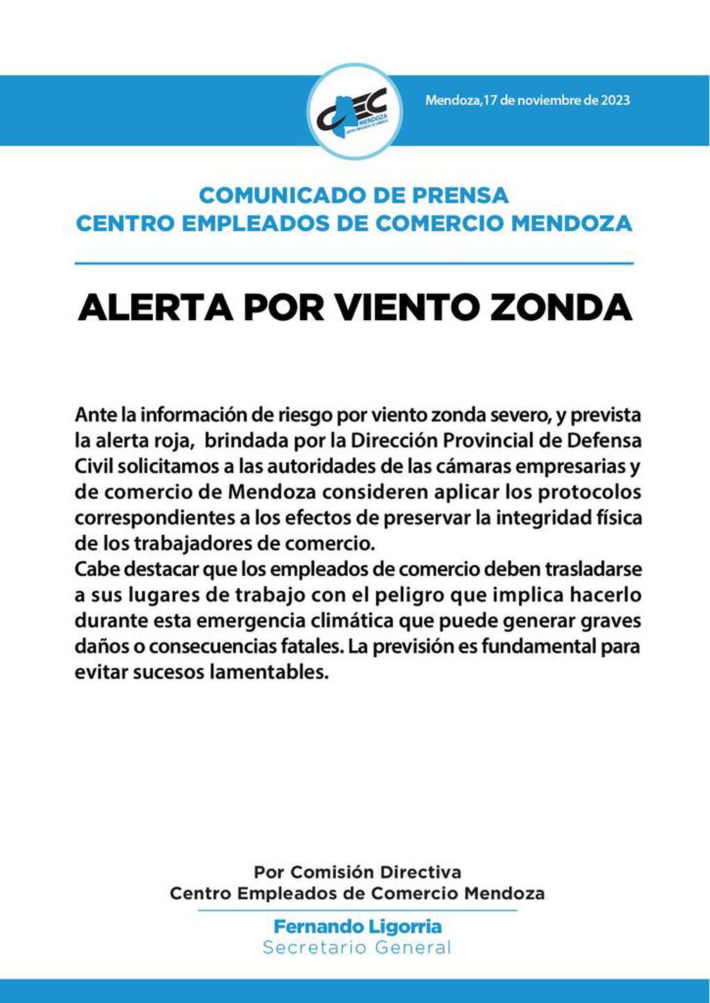 Comunicado del Centro Empleados de Comercio ante la situación de viento Zonda.