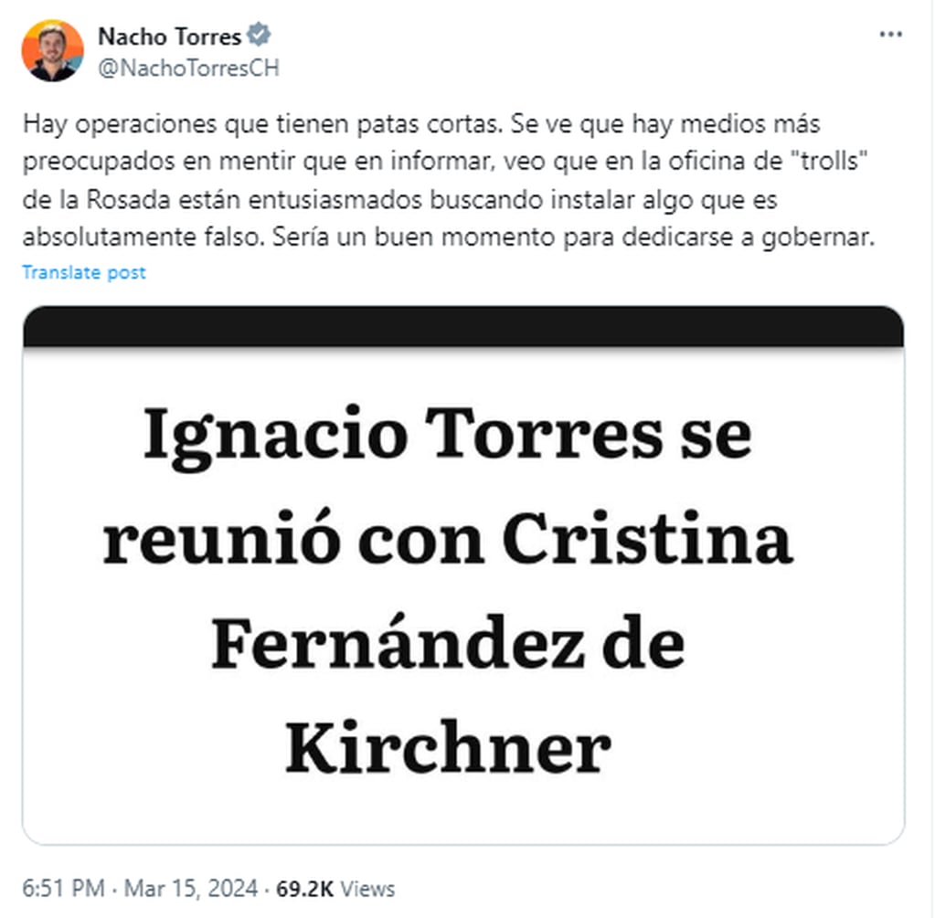 Ignacio “Nacho” Torres desmintió una supuesta reunión con Cristina Kirchner. Gentileza: Captura X @NachoTorresCH.