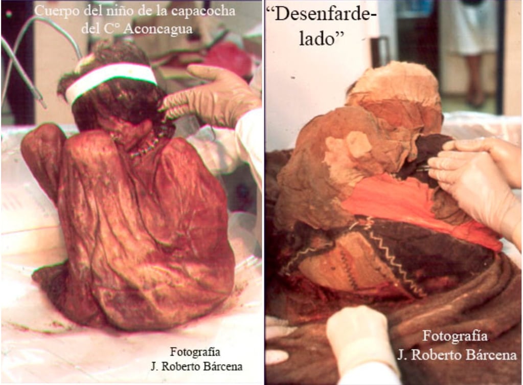 1. El cuerpo del niño de la capacocha del Aconcagua, una vez retiradas las envolturas del fardo y prendas textiles (foto J. Roberto Bárcena)

2. Proceso de desenfardelado del "fardo funerario" de la "momia" del C° Aconcagua (foto J. Roberto Bárcena)