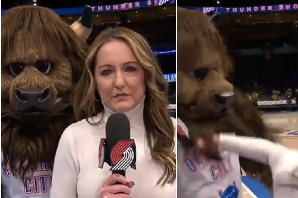 Video: una mascota espantó a una notera que cubría un partido de NBA y la reacción se viralizó