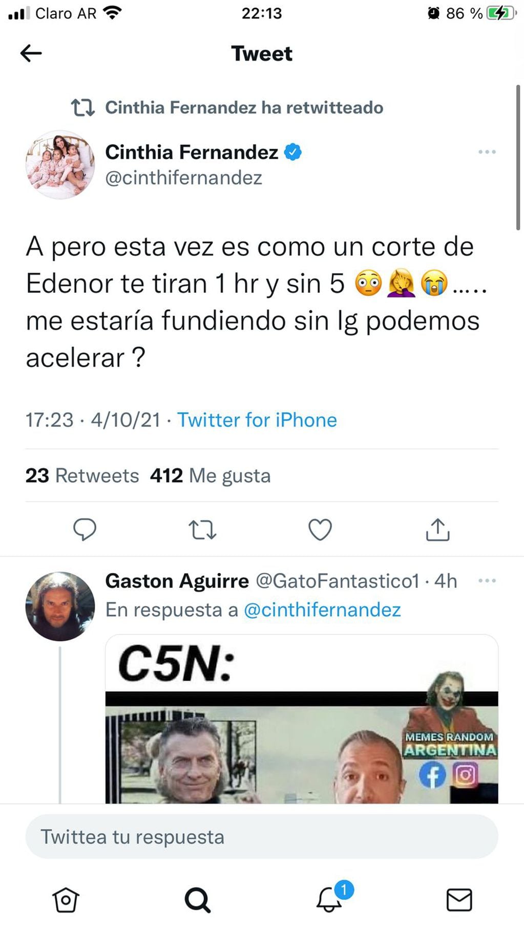 Cinthia Fernández tras la caída de Instagram.