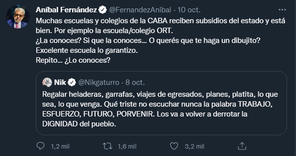El tuit de Aníbal Fernández contra Nik. Después lo borró. / 