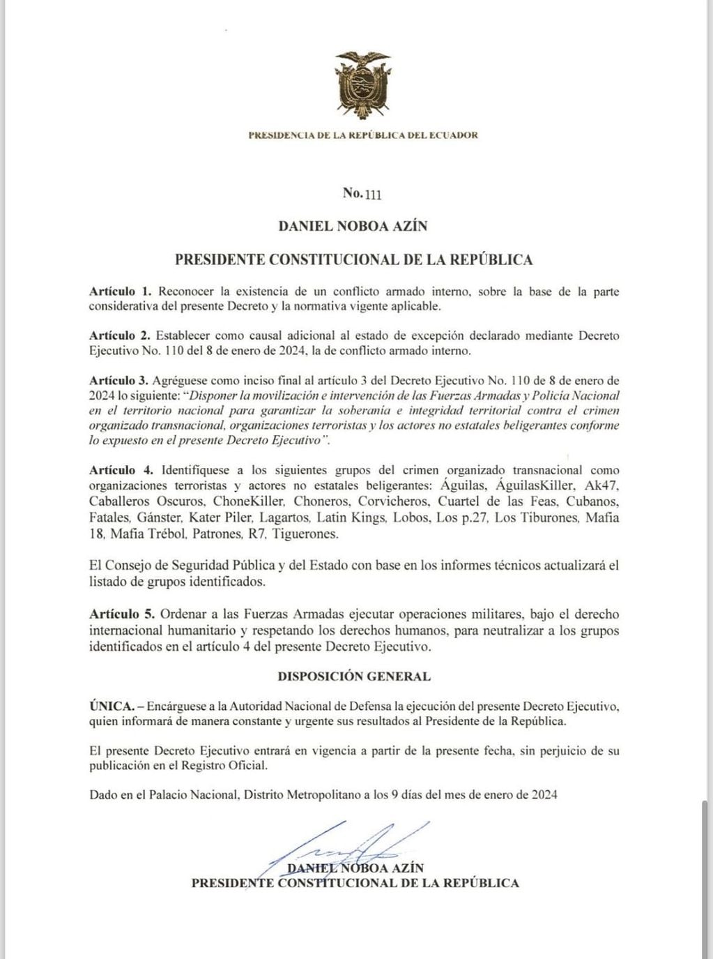Decreto de Daniel Noboa, presidente de Ecuador. Foto: Redes.